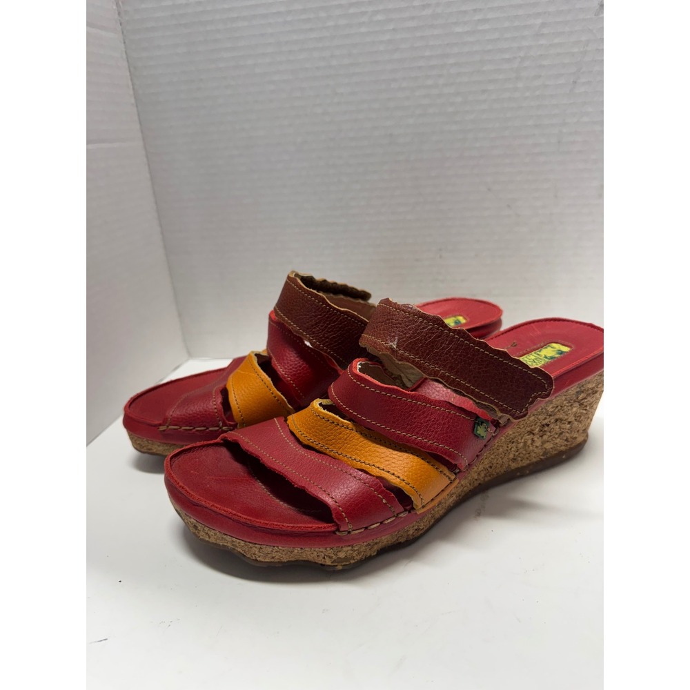 El Naturalista Red Multi Leather Cork Wedge Sandals Slides Womens EU 41 10